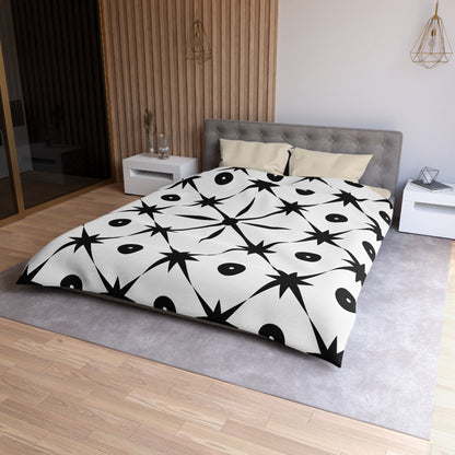 Mid Century Modern Asterisk Design - White & Black Atomic Starburst - Microfiber Duvet Cover