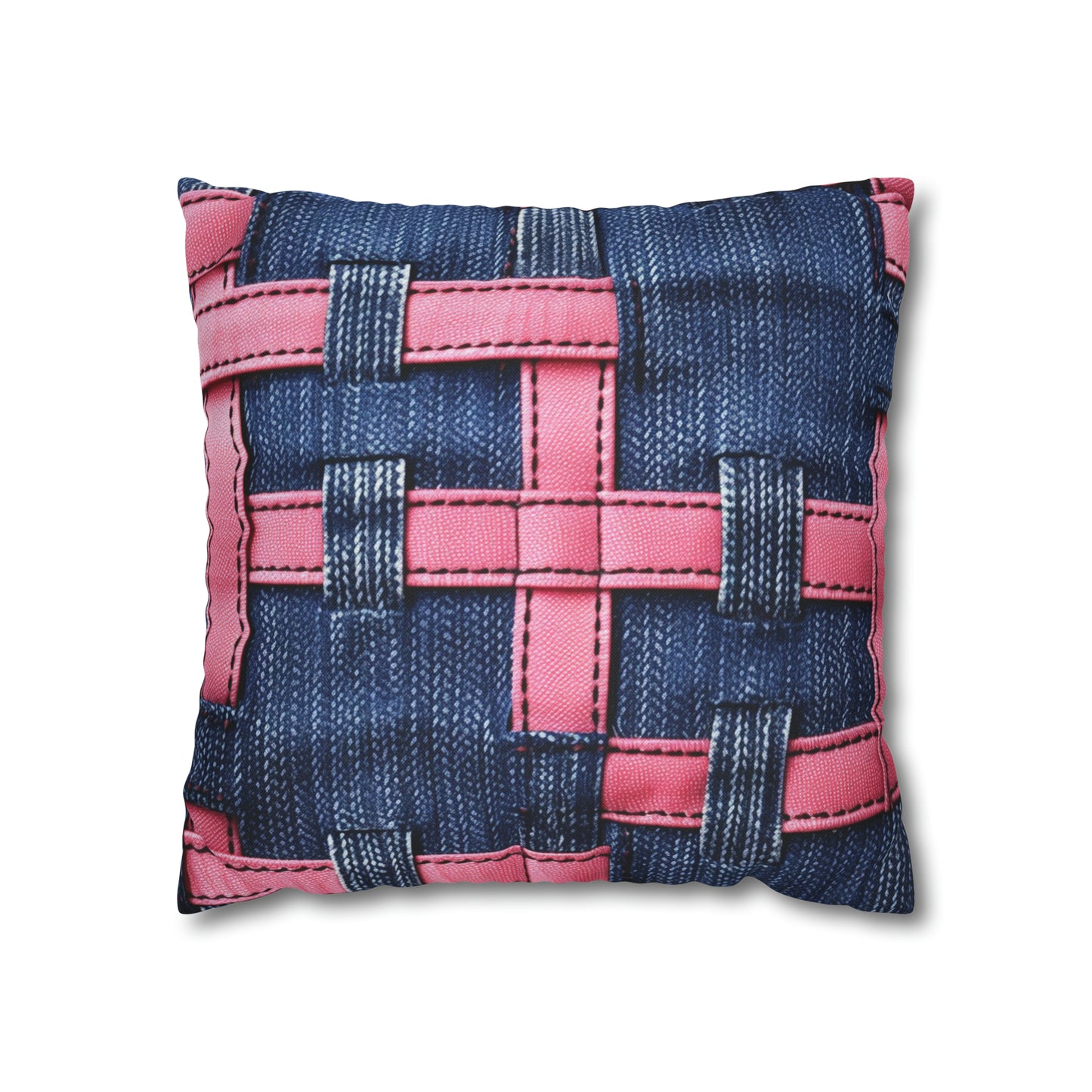 Candy-Striped Crossover: Pink Denim Ribbons Dancing on Blue Stage - Spun Polyester Square Pillow Case