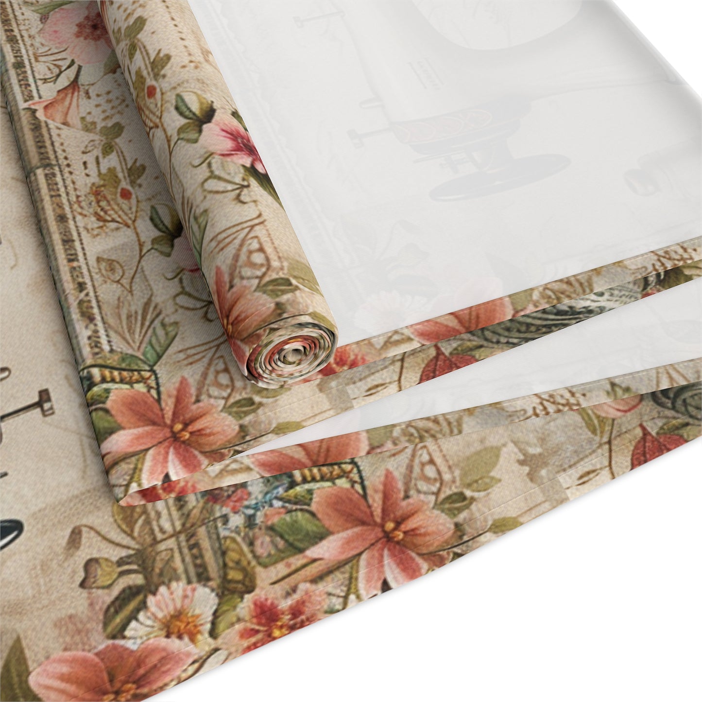 Classic Floral Sewing Ensemble: Vintage-Inspired with Antique Sewing Machine and Scissors - Table Runner (Cotton, Poly)