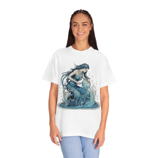 Aquarius Zodiac Symbol - Girl Pouring Water, Hand-Drawn Style - Unisex Garment-Dyed T-shirt