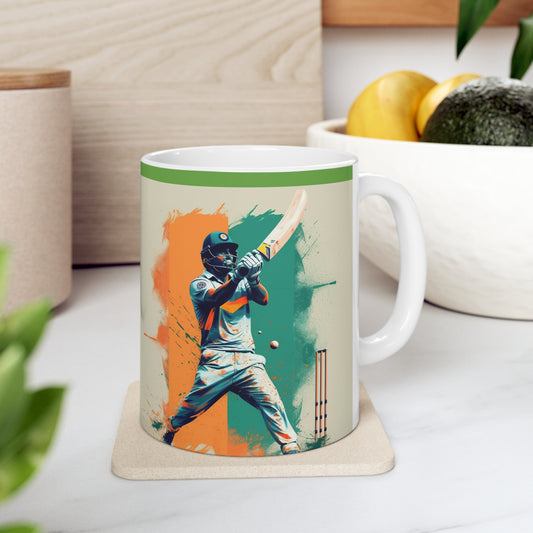 Cricket Batsman, Ball Strike, Indian Flag Color Background - Street Style - Ceramic Mug 11oz