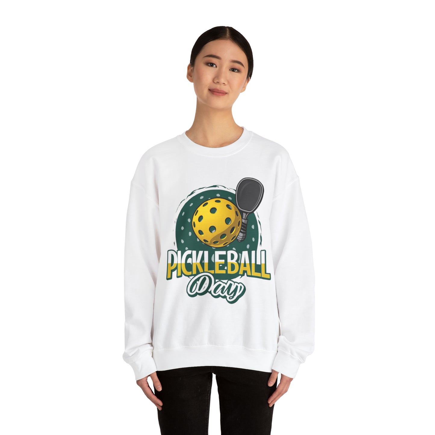 Pickleball Day Celebration Design with Whimsical Ball and Paddle Illustration - Unisex Heavy Blend™ Crewneck Sweatshirt