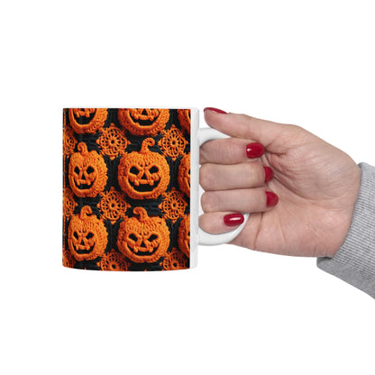 Patrón festivo festivo de terror aterrador de calabaza de ganchillo de Halloween - Taza de cerámica de 11 oz