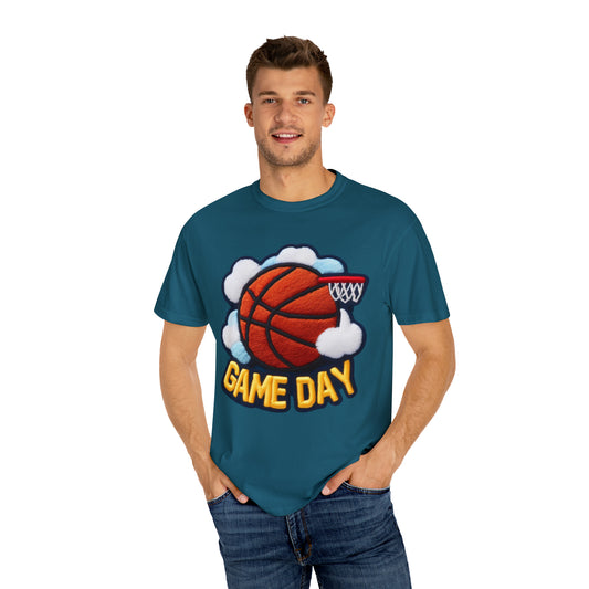 Game Day Basketball Chenille Patch Embroider Design - Unisex Garment-Dyed T-shirt