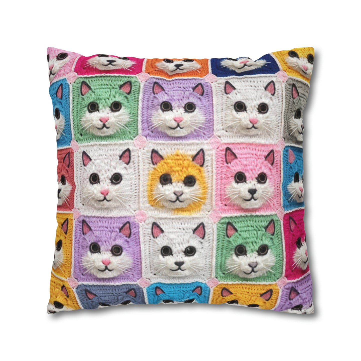 Crochet Cat, Summer Cotton, Feline, Retro Cat Cardigan, Kitten Crochet Cotton Creation - Spun Polyester Square Pillow Case