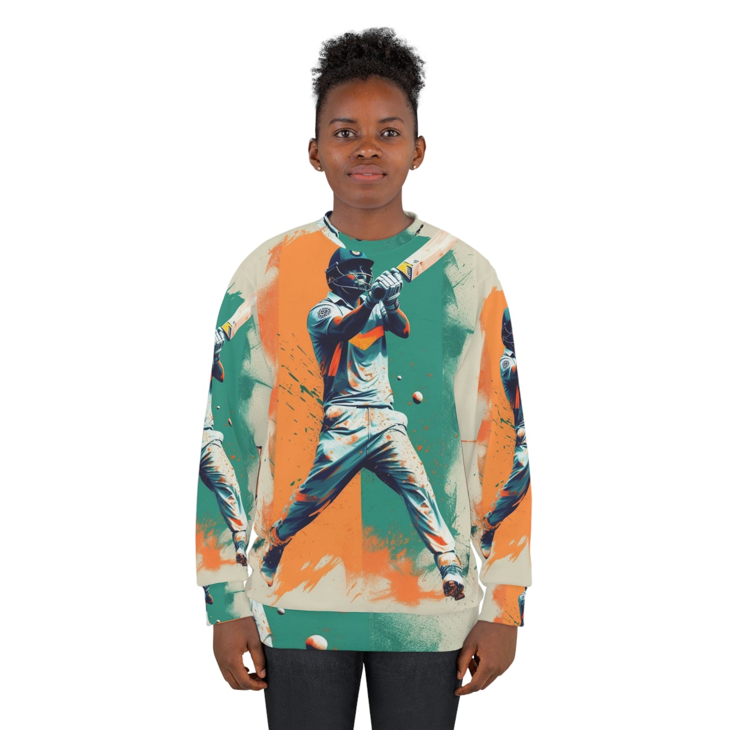 Cricket Batsman, Ball Strike, Indian Flag Color Background - Street Style - Unisex Sweatshirt (AOP)