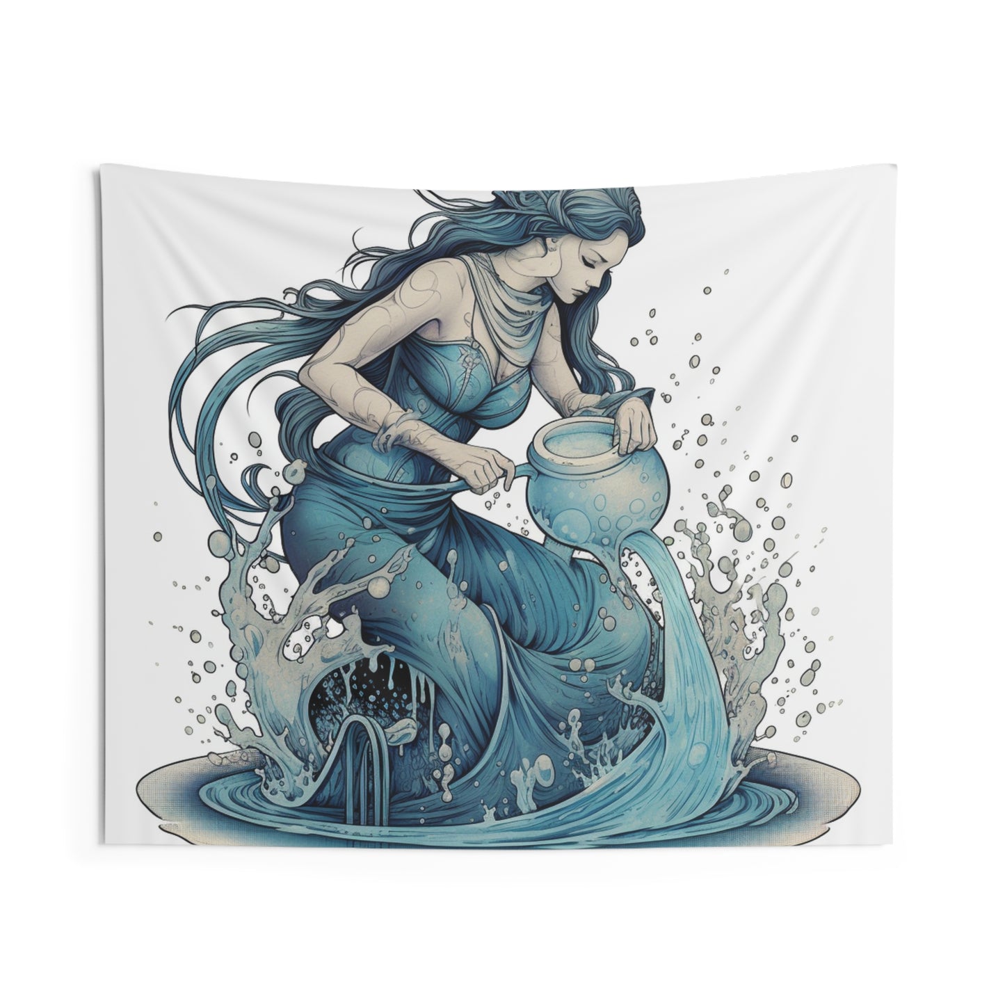 Aquarius Zodiac Symbol - Girl Pouring Water, Hand-Drawn Style - Indoor Wall Tapestries