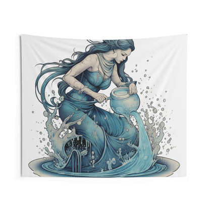 Aquarius Zodiac Symbol - Girl Pouring Water, Hand-Drawn Style - Indoor Wall Tapestries