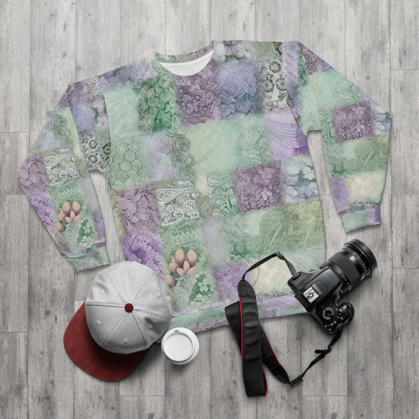 Medley Patchwork - Muted Pastels, Gingham & Lace, Boho Paisley Mix, Quilted Aesthetic Design - Unisex Sweatshirt (AOP)