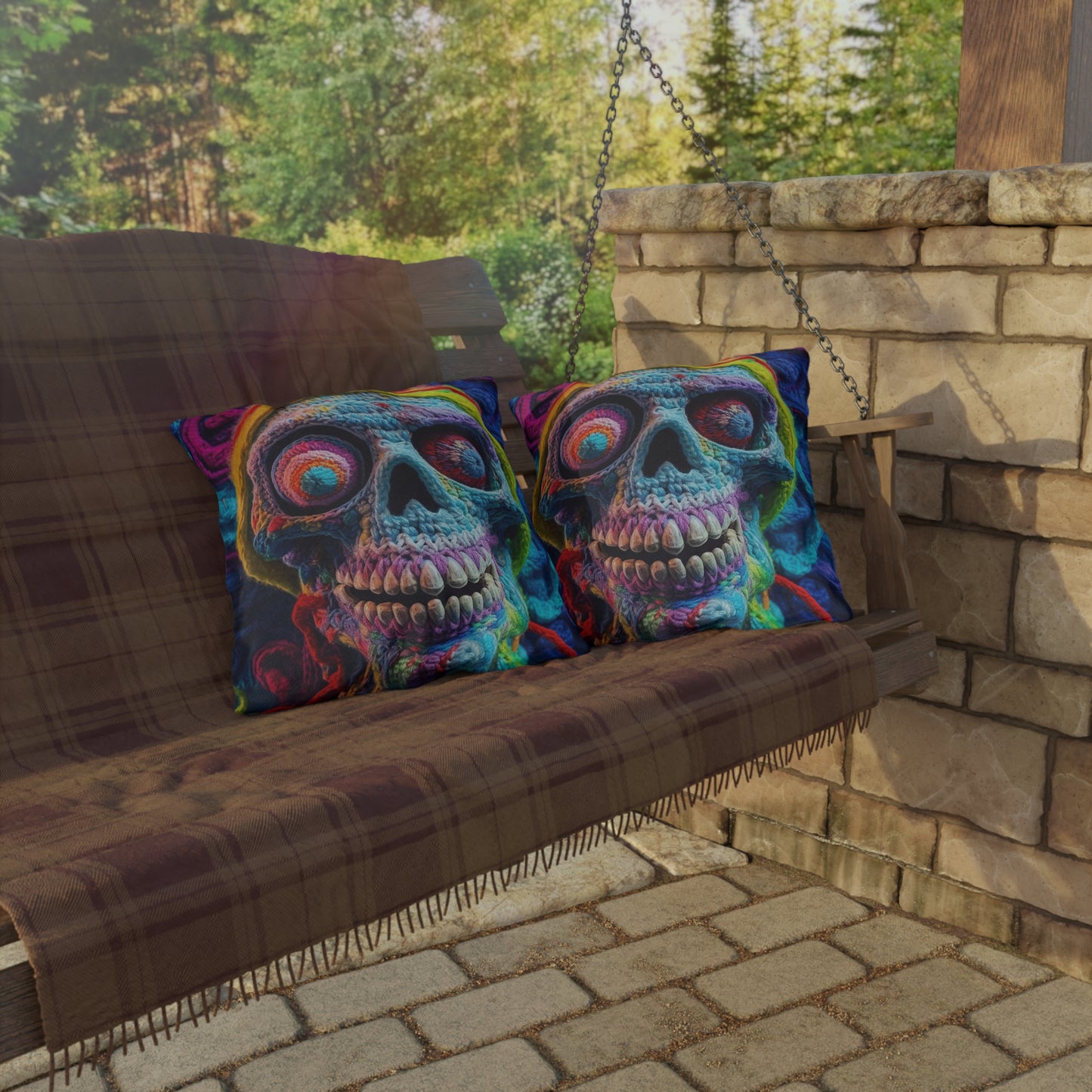 Crochet Skull Halloween Scary Horror Design - Outdoor Pillows