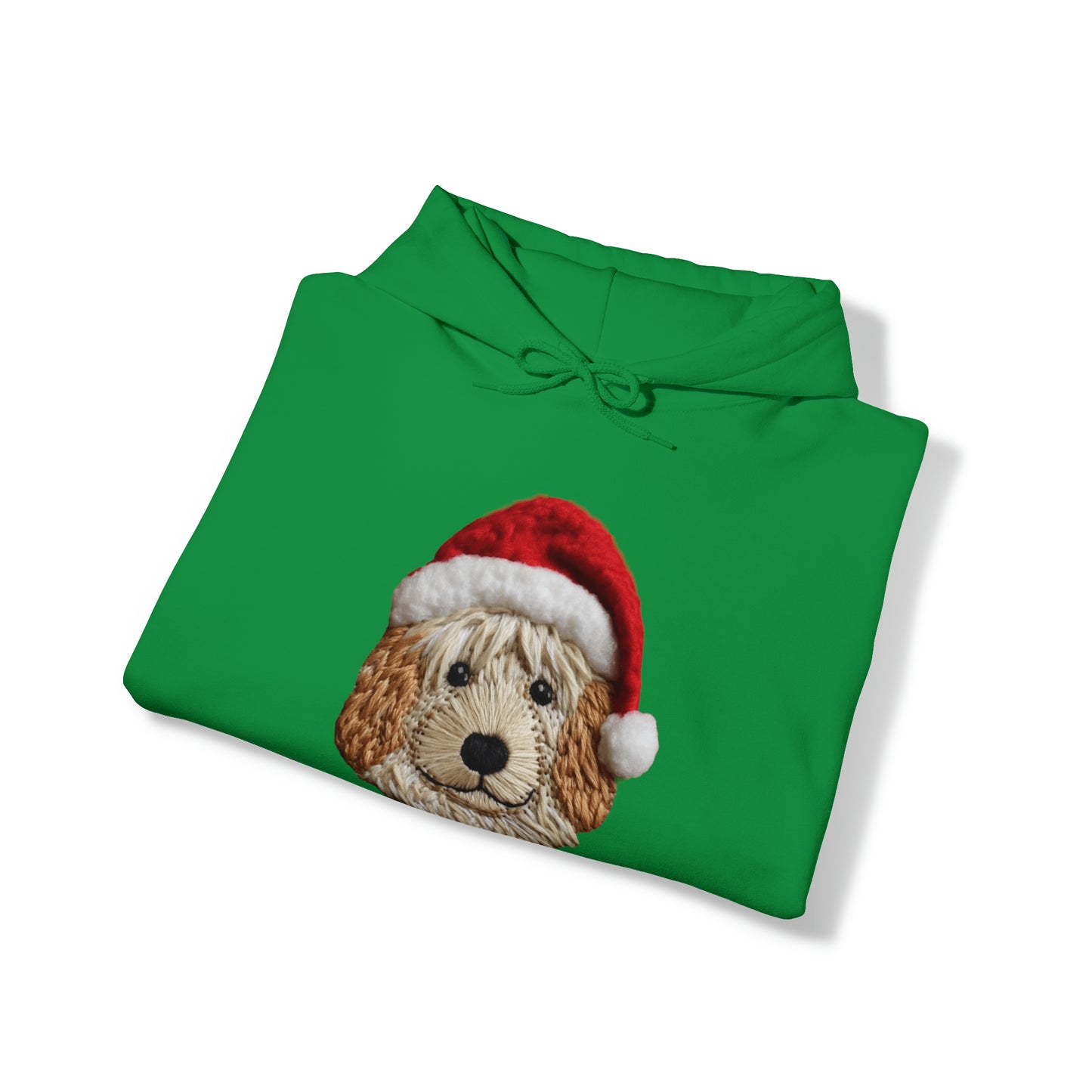 Chenille Dog Embroidered Patch - Christmas Puppy with Santa Hat - Unisex Heavy Blend™ Hooded Sweatshirt