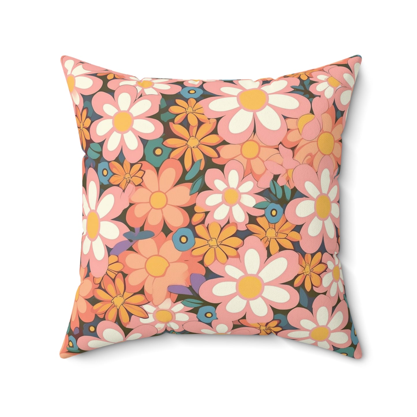 Groovy 1960s 1970s Pink & Orange Daisy Mod Floral - Spun Polyester Square Pillow