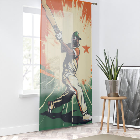 India Cricket Star: Batsman With Willow Bat, National Flag Style - Sport Game - Window Curtain