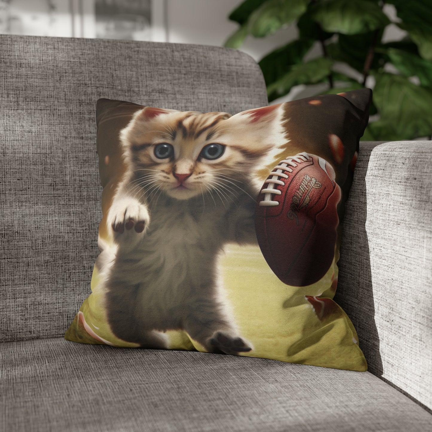 Football Kitty Fantasy: Feline Cat American Sport Quarterback - Spun Polyester Square Pillow Case