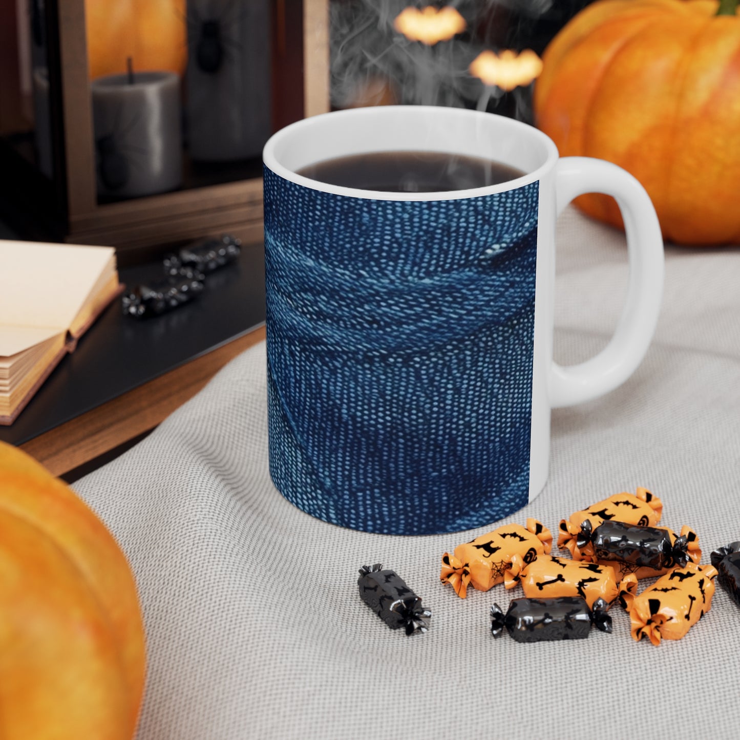 Dark Blue: Distressed Denim-Inspired Fabric Design - Ceramic Mug 11oz