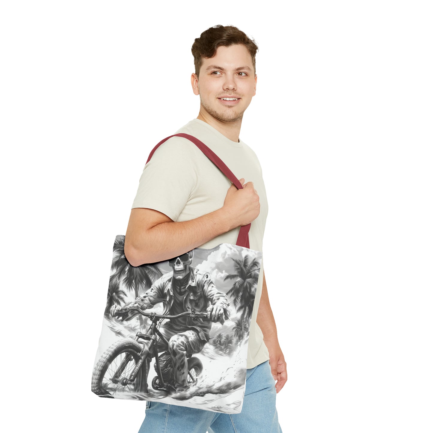 Biker Skeleton Wearing Sunglasses, Riding Sunset Boulevard in California Motorcycle, Tote Bag (AOP)