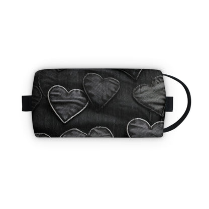 Black: Distressed Denim-Inspired Fabric Heart Embroidery Design - Toiletry Bag