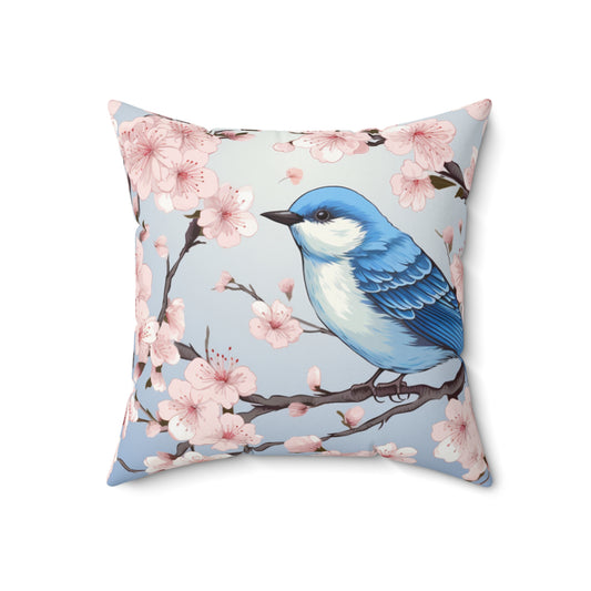 Cherry Blossom Tree Blue Bird Spun Polyester Square Pillow