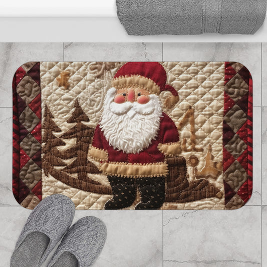 Santa Claus Christmas Farmhouse Quilt: Cozy with Checkered Borders - Bath Mat