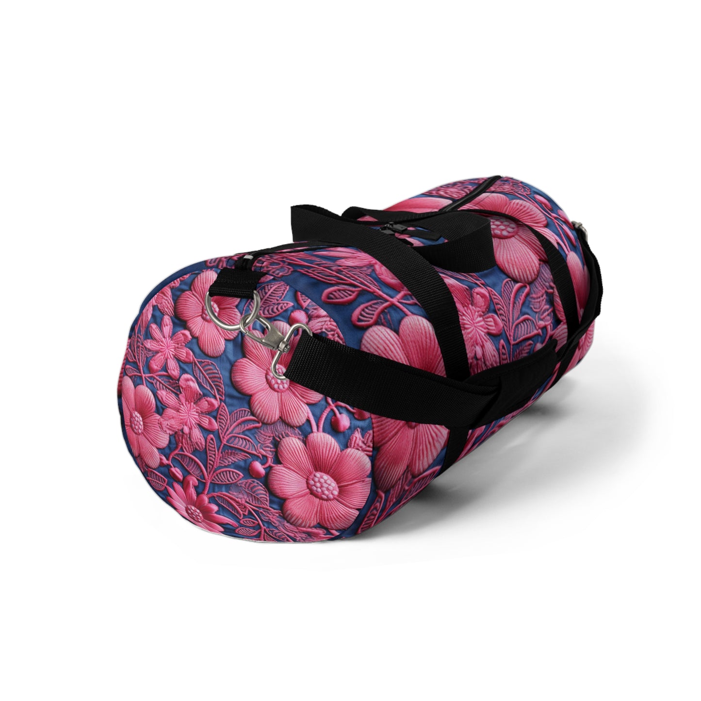 Denim Blue Doll Pink Floral Embroidery Style Fabric Flowers - Duffel Bag