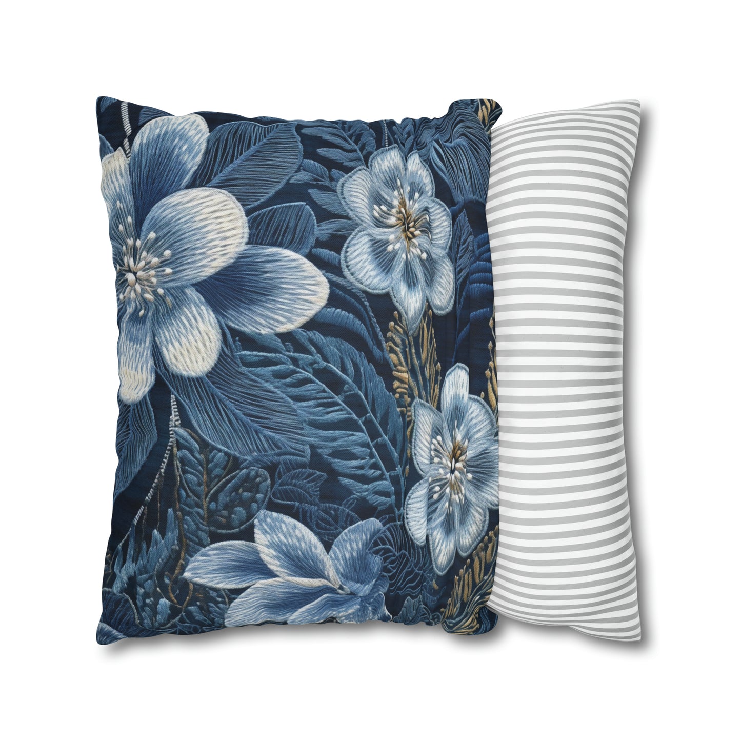 Flower Blossom Embroidery Floral on Denim Style - Spun Polyester Square Pillow Case