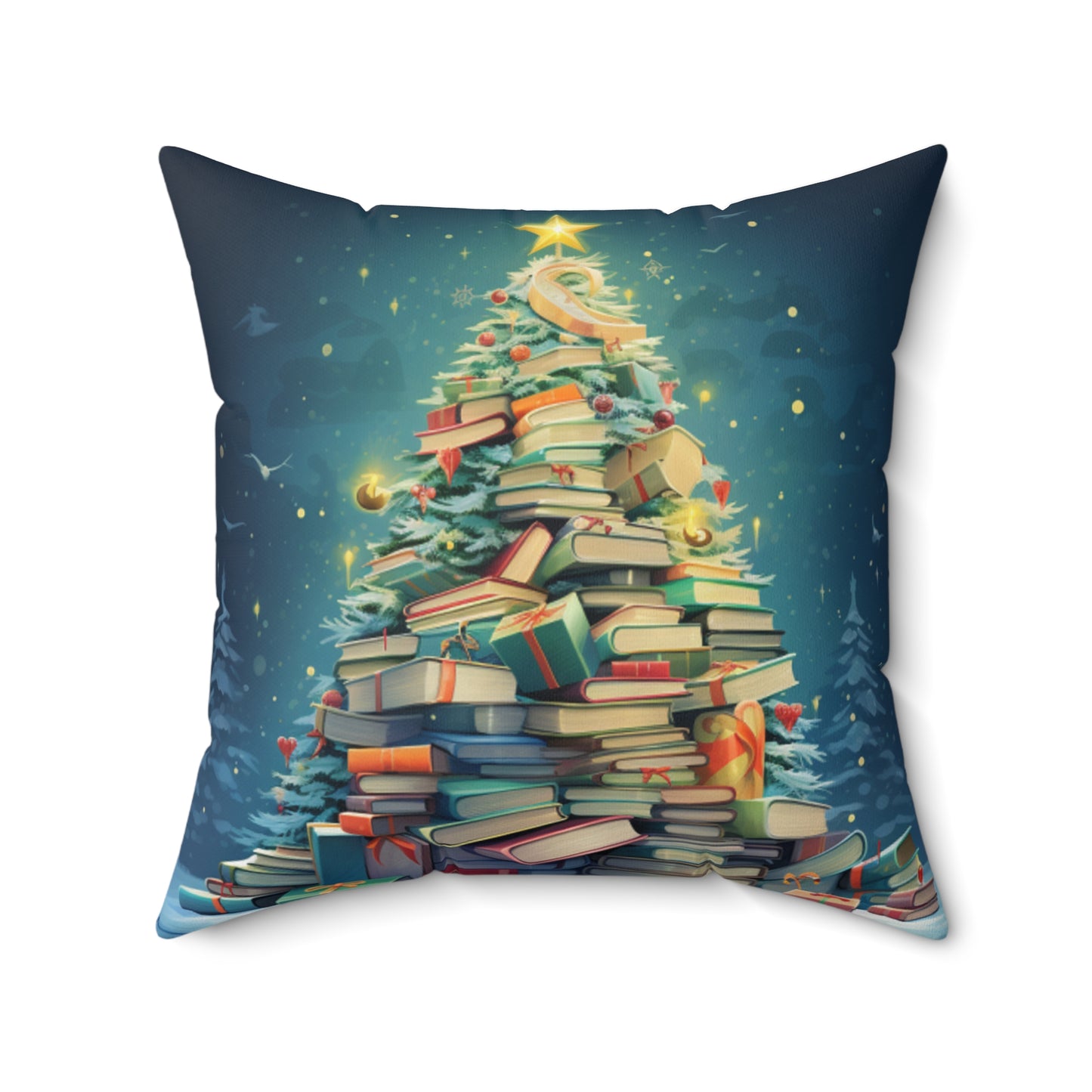 Book Worm Club Árbol de Navidad Temporada Vacaciones de Invierno - Almohada cuadrada de poliéster hilado