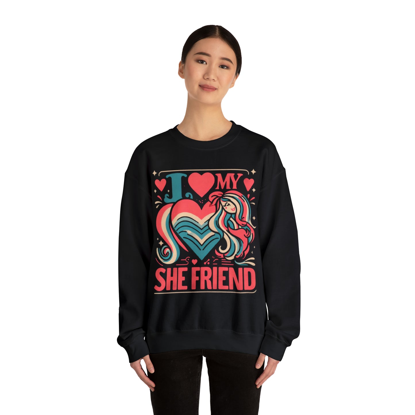 I Love My She Friend - Retro Style LGBQ Heart & Friendship Graphic, Vibrant Love and Appreciation - Unisex Heavy Blend™ Crewneck Sweatshirt