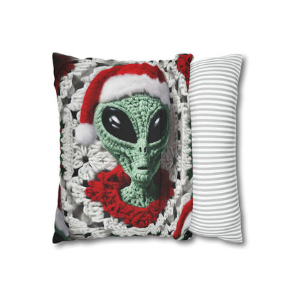 Santa's Cosmic Secret: Jolly Green Christmas Extraterrestrial with Festive Attire Crochet Art - Spun Polyester Square Pillow Case