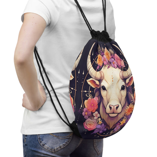 Taurus Zodiac Bull Flower Accents - Astrology Sign - Drawstring Bag