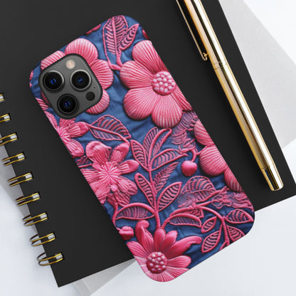 Denim Blue Doll Pink Floral Embroidery Style Fabric Flowers - Tough Phone Cases