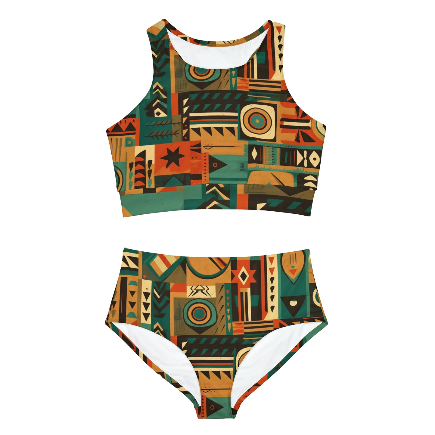 Earthy Tones Geometric Tribal-Inspired Pattern Design Sporty Bikini Set (AOP)