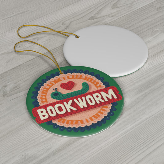 Crochet Bookworm Illustration: Cozy Reader Embroidered Patch Design - Ideal for Bibliophile - Ceramic Ornament, 4 Shapes