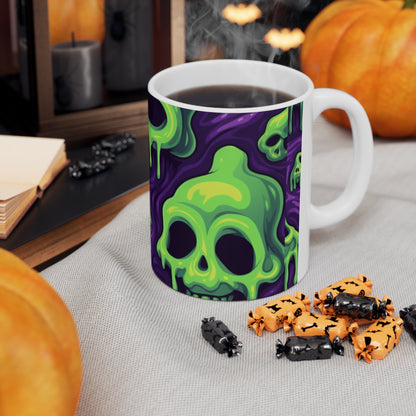 Patrón de terror aterrador de esqueletos verdes de calavera de limo de Halloween - Taza de cerámica 11oz