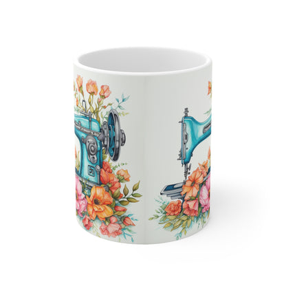 Aqua Blue Sewing Machine and Floral Watercolor Illustration, Artistic Craft - Ceramic Mug 11oz