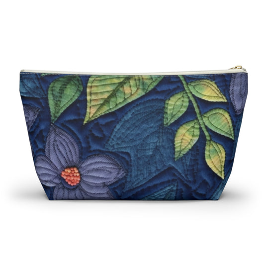 Floral Embroidery Blue: Denim-Inspired, Artisan-Crafted Flower Design - Accessory Pouch w T-bottom