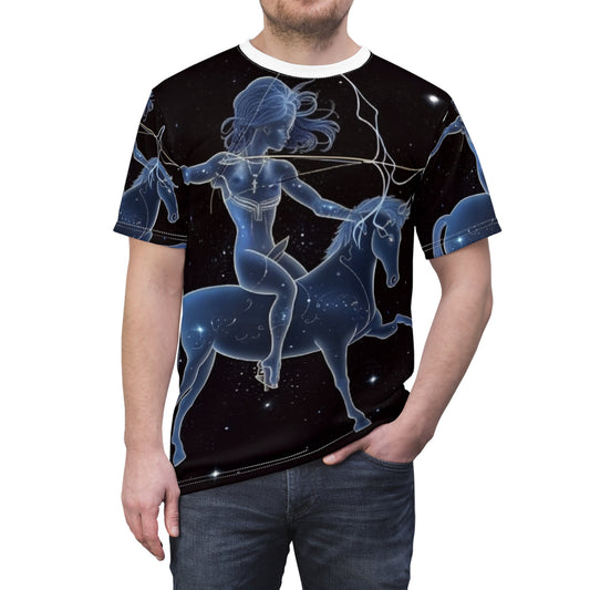 Sagittarius Zodiac in Starlit Universe - Fluorescent Colors - Unisex Cut & Sew Tee (AOP)