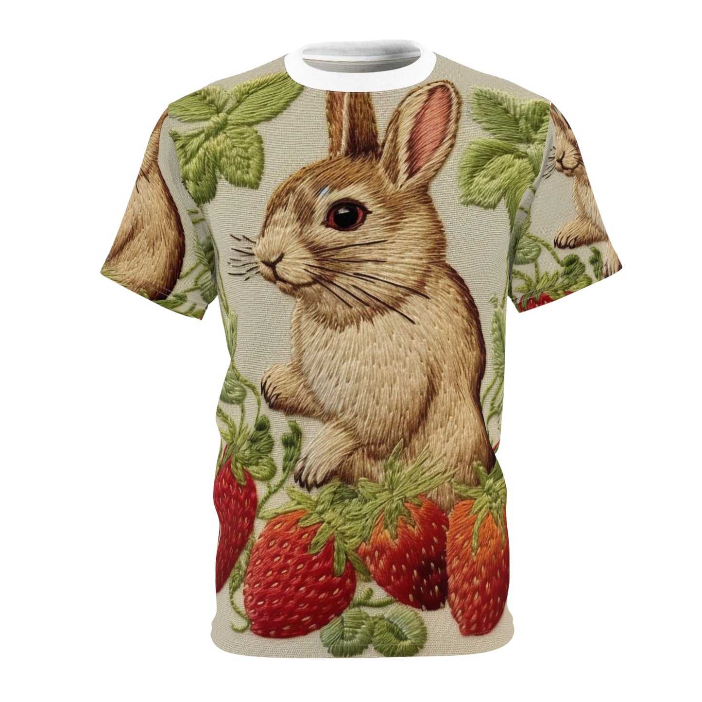 Conejo de fresa - Estilo de bordado - Munchies de frutas de fresas - Regalo de Pascua - Camiseta unisex cortada y cosida (AOP) 