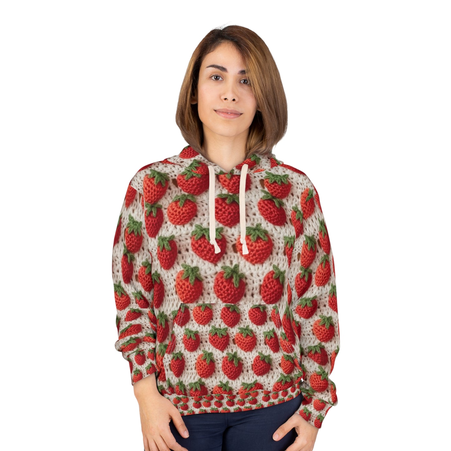 Strawberry Traditional Japanese, Crochet Craft, Fruit Design, Red Berry Pattern - Unisex Pullover Hoodie (AOP)