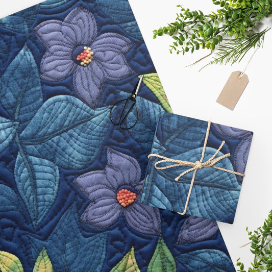 Floral Embroidery Blue: Denim-Inspired, Artisan-Crafted Flower Design - Wrapping Paper