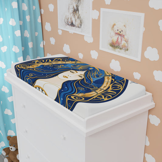 Virgo Zodiac Circular Symmetry in Gold Royal Blue - Baby Changing Pad Cover