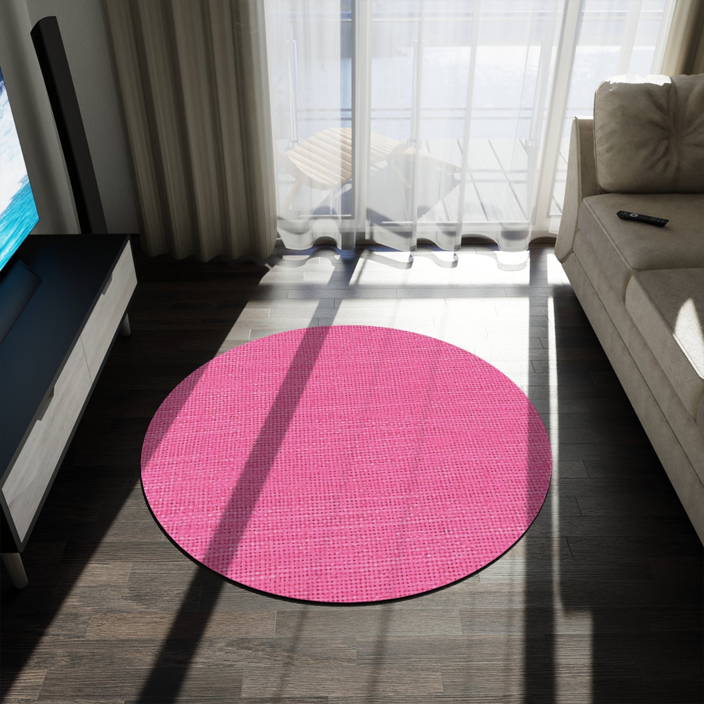 Doll-Like Pink Denim Designer Fabric Style - Round Rug