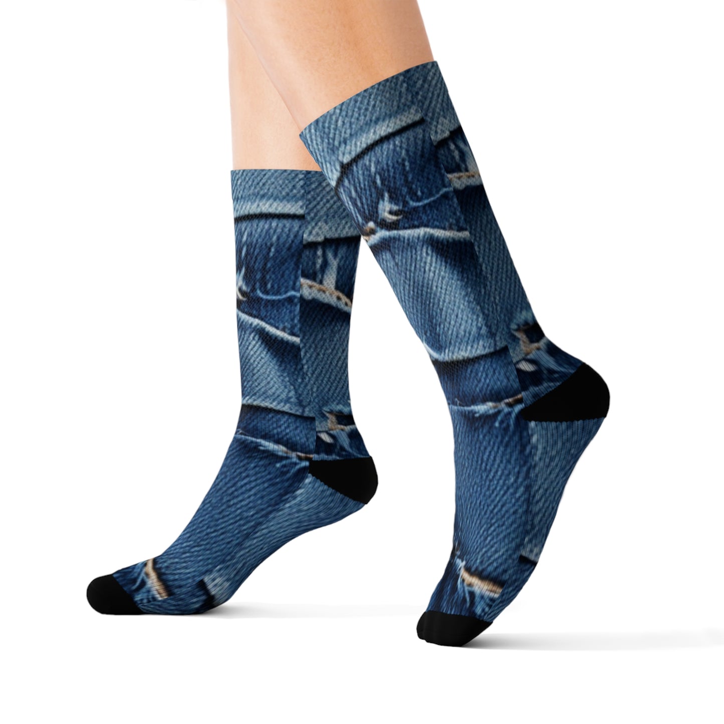 Midnight Blue Distressed Denim: Rugged, Torn & Stylish Design - Sublimation Socks