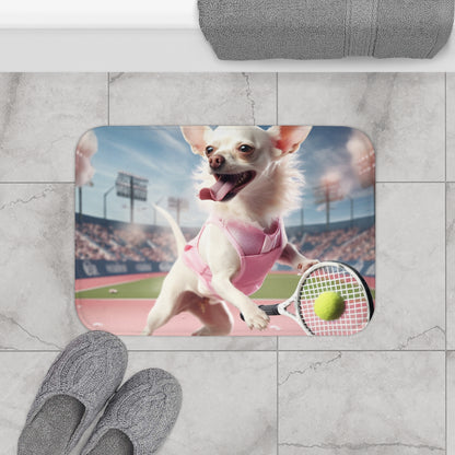 Chihuahua Tennis Ace: traje rosa para perro, juego deportivo atlético en la cancha - Alfombra de baño