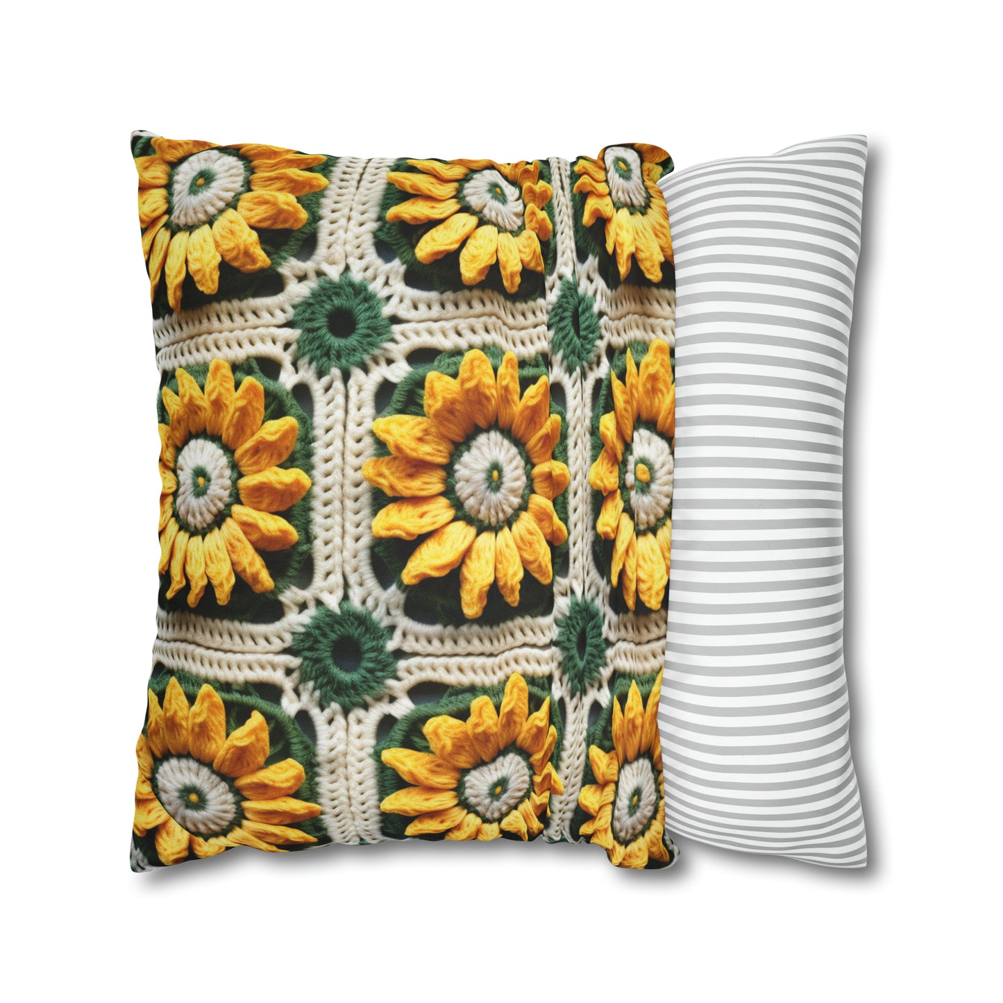 Sunflower Crochet Elegance, Granny Square Design, Radiant Floral Motif. Bring the Warmth of Sunflowers to Your Space - Spun Polyester Square Pillow Case