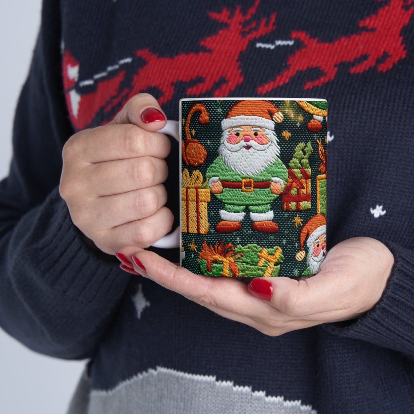 Christmas Santa Claus - Embroidered Presents - Festive Winter Wonderland - Deck the Halls Design - Ceramic Mug 11oz