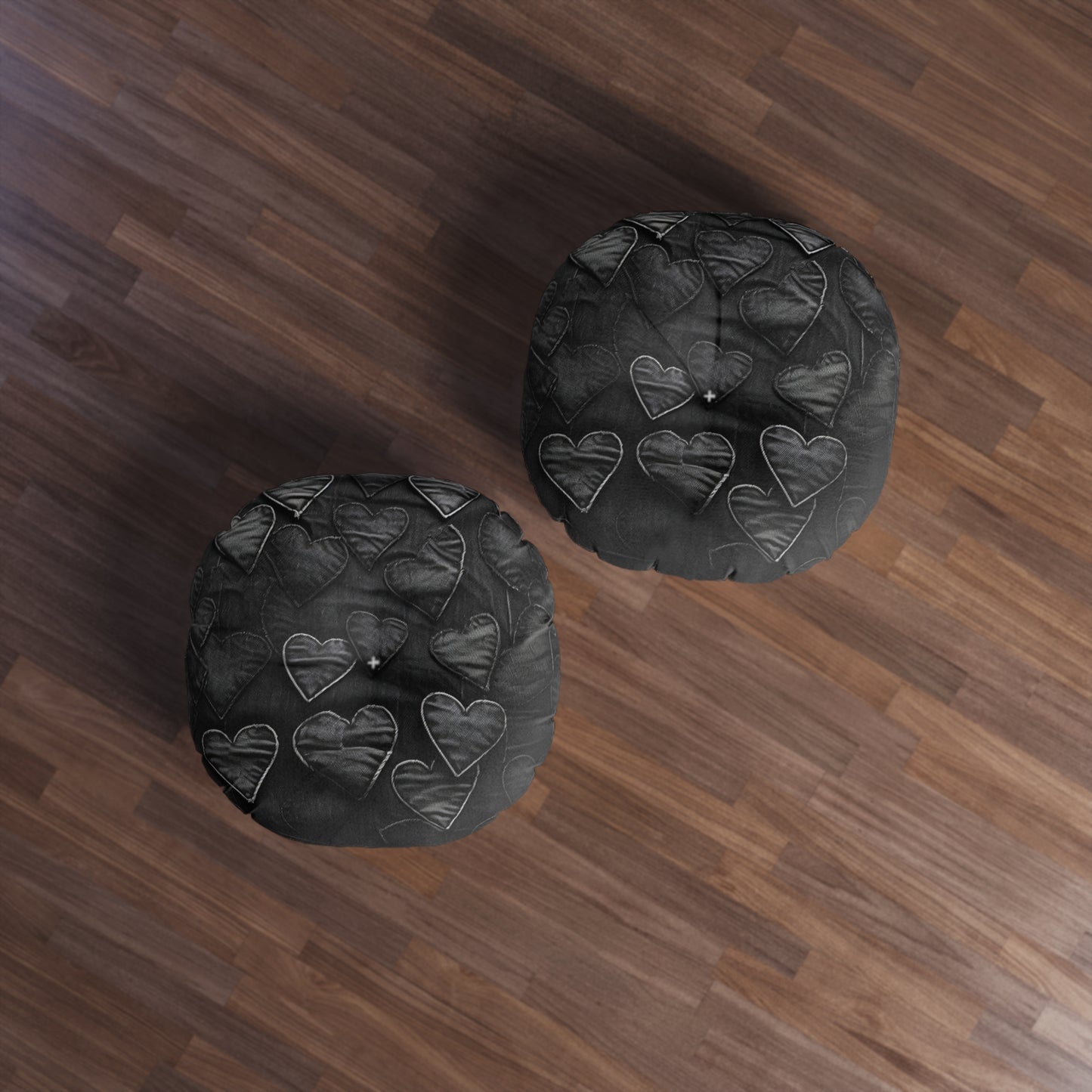 Black: Distressed Denim-Inspired Fabric Heart Embroidery Design - Tufted Floor Pillow, Round