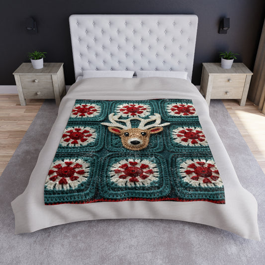 Christmas Reindeer Crochet, Wintry Wonderland Design, Festive Stag Motif. Embrace the Holiday Spirit - Crushed Velvet Blanket