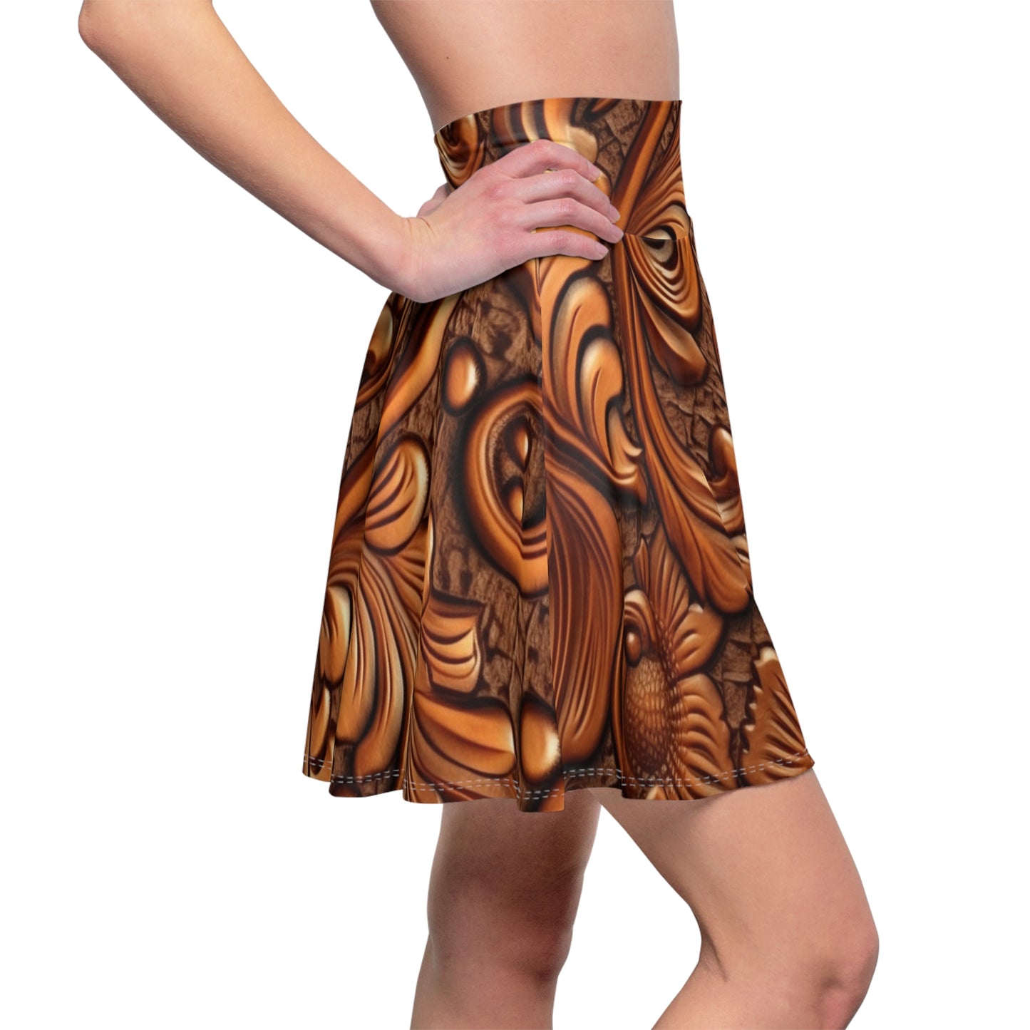 Leather Flower Cognac Classic Brown Timeless American Cowboy Design - Women's Skater Skirt (AOP)