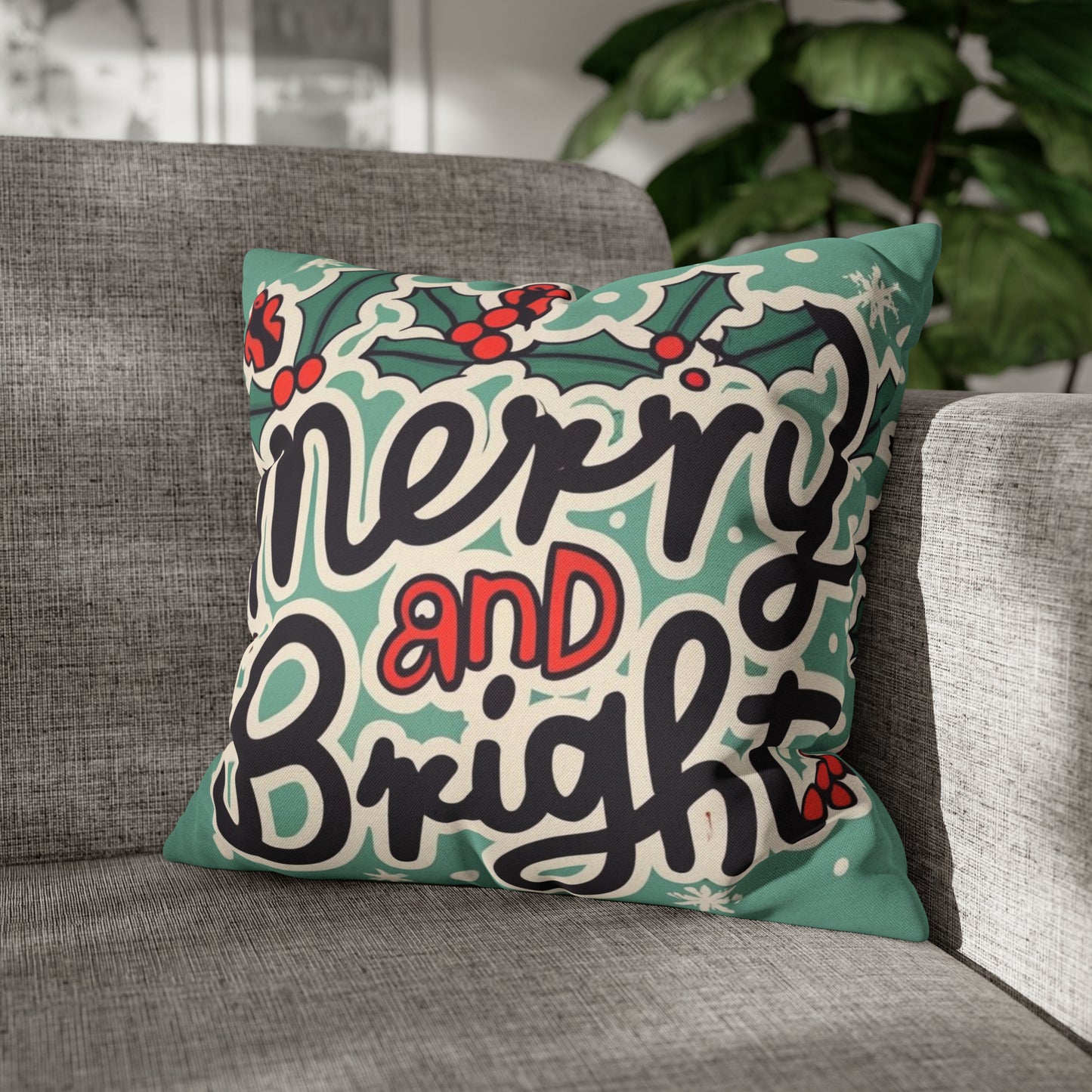 Merry and Bright Christmas Theme Holiday - Spun Polyester Square Pillow Case