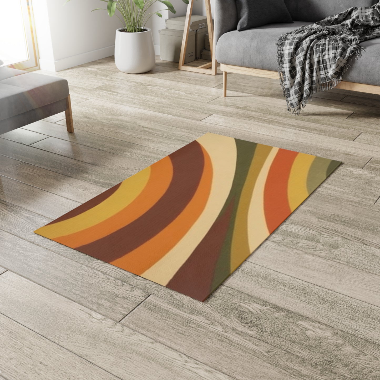 Groovy 1970s Mod-Inspired Dobby Rug in Bold Orange, Green, Rust, Gold, and Beige